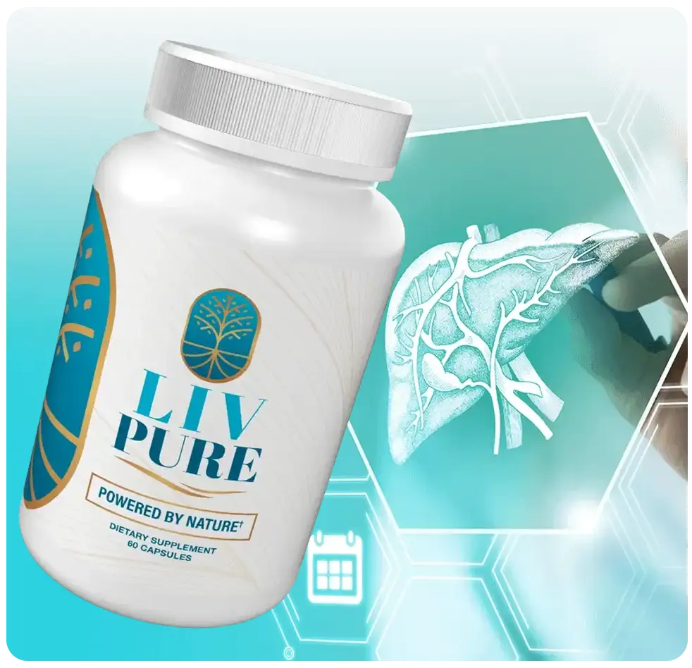 Liv Pure supplement bottle with liver health concept illustration supporting metabolism and wellness