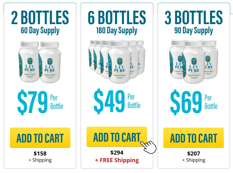 Liv Pure pricing options showing 2 bottle 3 bottle and 6 bottle packages with discounts and free shipping offer